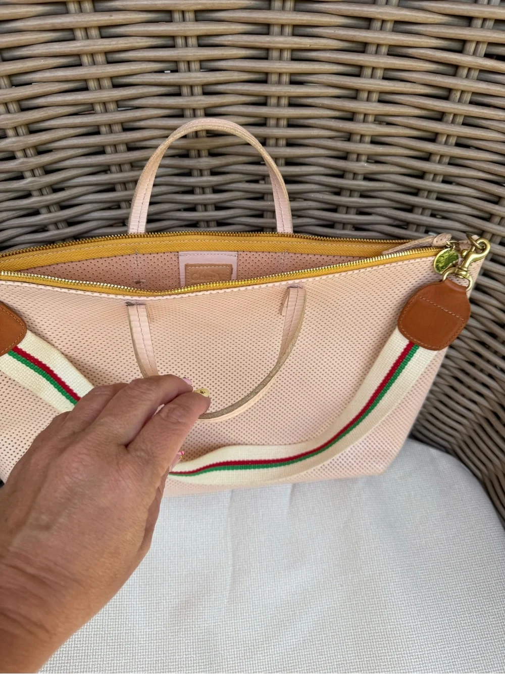 Clare V Blush Pink Perforated Tote with Striped Shoulder Strap - Picture 4 of 14